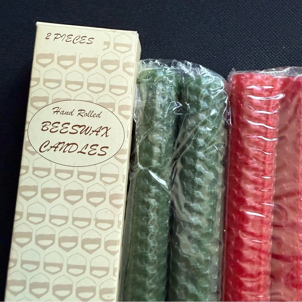 Set of 4 Hand Rolled Beeswax Candles Red and green in the Box